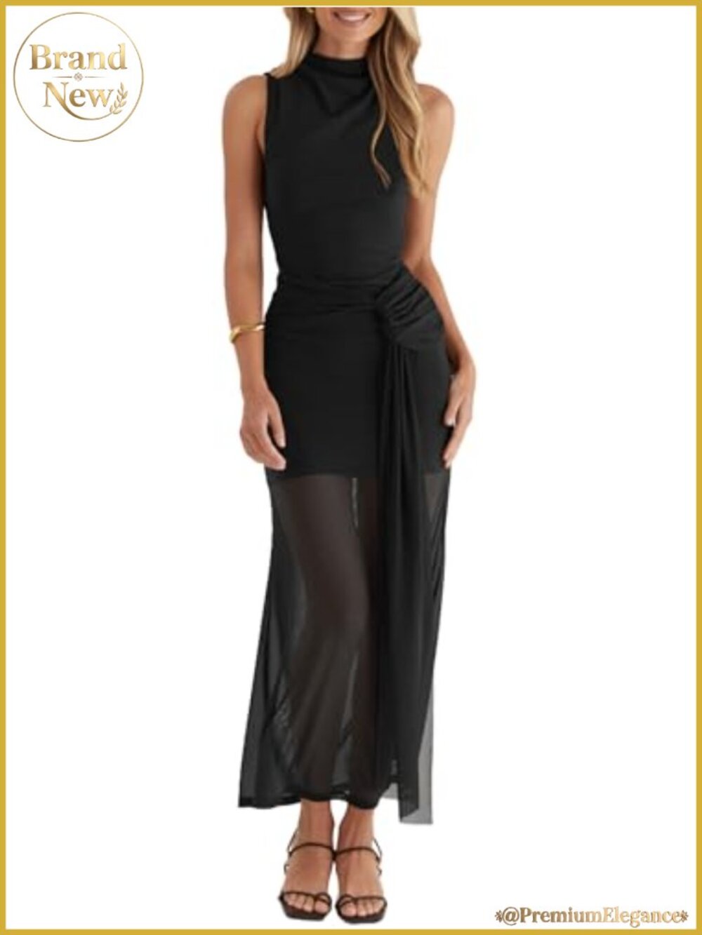 Sleeveless Bodycon Maxi Dress Mock Neck Ruched Mesh Wedding Guest